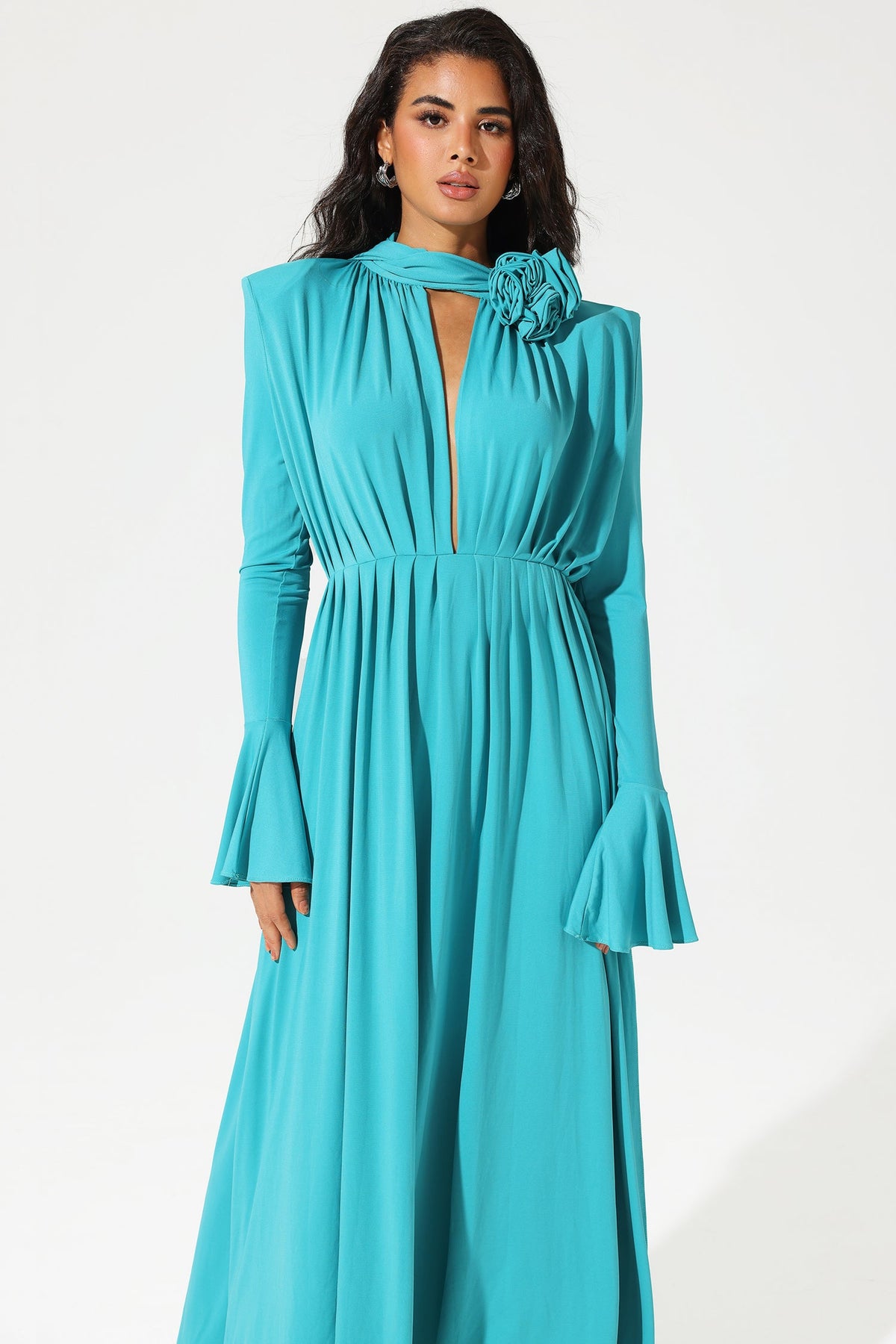 Lantern Sleeve High Collar Flower Split Midi Dress