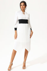 Lantern Sleeve Stand Collar Belted Midi Dress White
