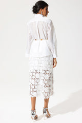 Long Sleeve Lace Cut-Out Slit Dress Set White