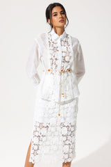 Long Sleeve Lace Cut-Out Slit Dress Set White