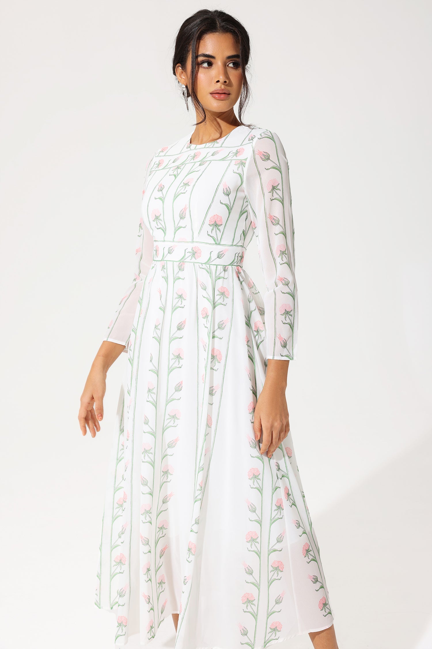 Floral Long Sleeve Crew Collar Georgette Midi Dress