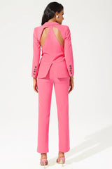 Solid Long Sleeve Cut-Out Backless Blazer & Solid Long Pants Set