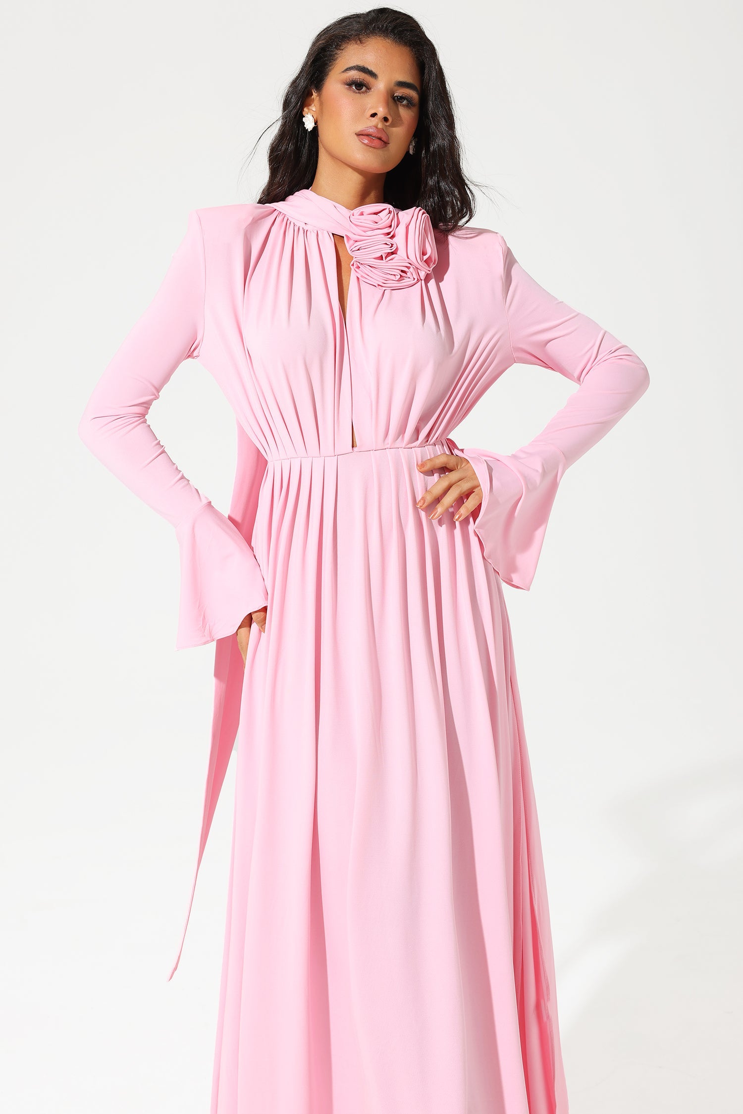 Lantern Sleeve High Collar Flower Slit Midi Dress