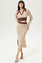 Long Sleeve V-Neck Top & Slit High Waist Skirt Set