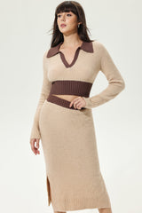 Long Sleeve V-Neck Top & Slit High Waist Skirt Set