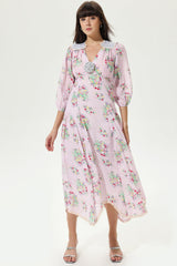 Floral Lantern Sleeve V-Neck Belted LatticeMidi Dress