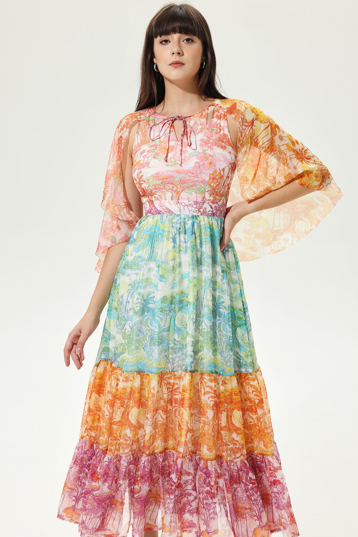 Paisley Asymmetric Sleeve Crew Collar Midi Dress