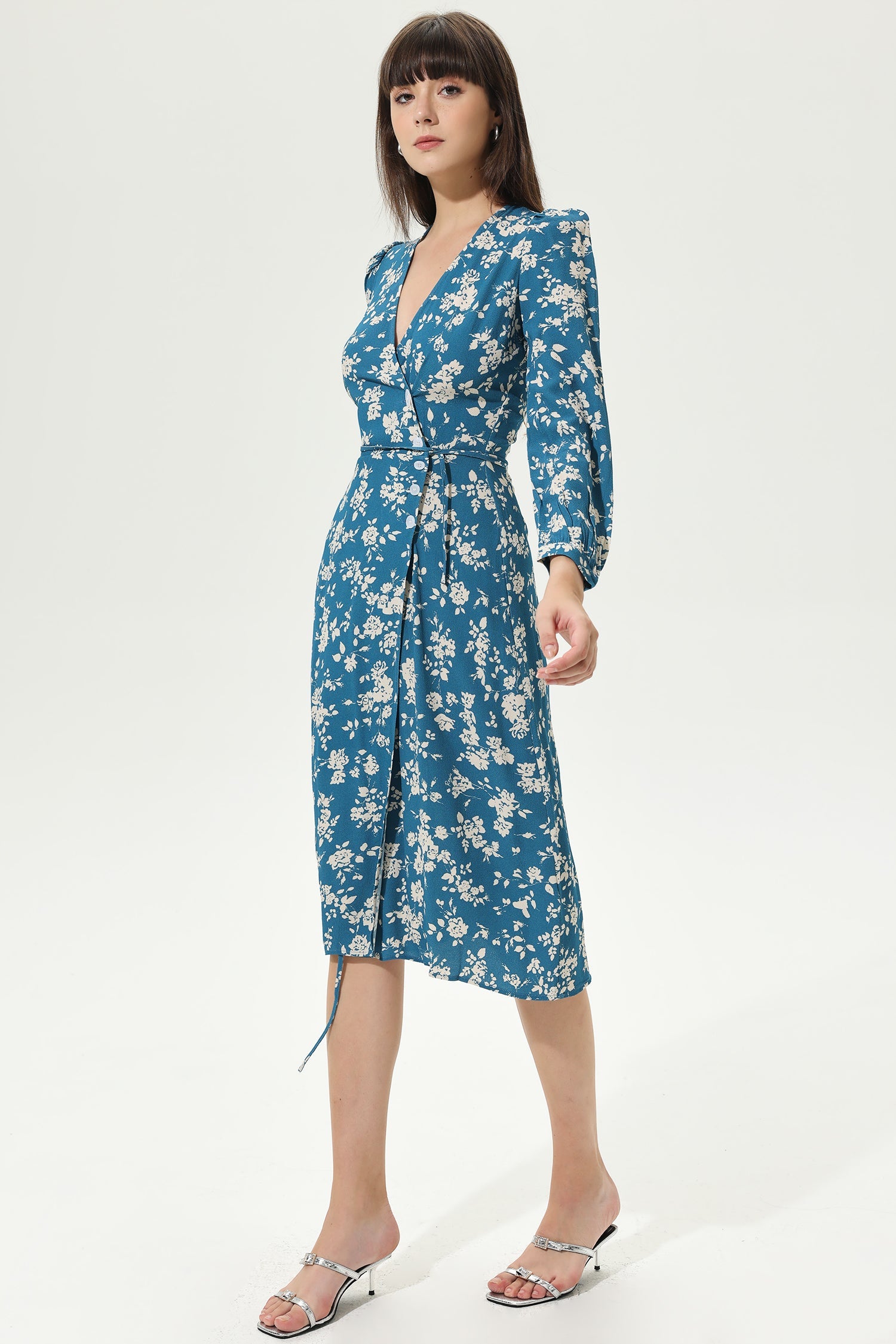 Floral Long Sleeve V-Neck Split Midi Dress