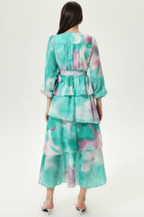 Tie Dye Lantern Sleeve V-Neck Layered Hem Midi Dress