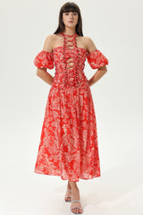 Floral Cut-Out Halter Neck Tapered Waist Maxi Dress