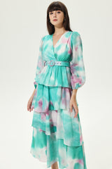 Tie Dye Lantern Sleeve V-Neck Layered Hem Midi Dress