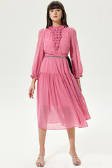 3D Flower Lantern Sleeve Crew Collar Midi Dress