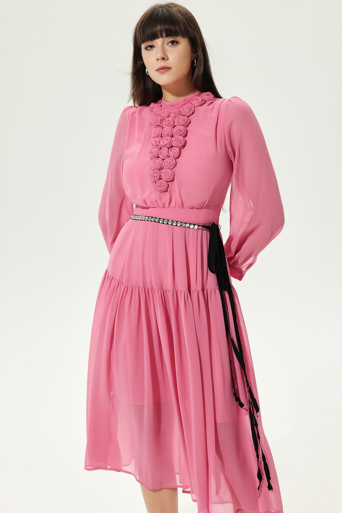 3D Flower Lantern Sleeve Crew Collar Midi Dress