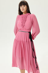 3D Flower Lantern Sleeve Crew Collar Midi Dress