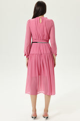 3D Flower Lantern Sleeve Crew Collar Midi Dress