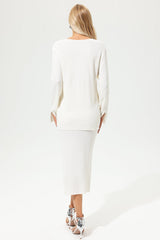 Solid Long Sleeve V-Neck Top & Solid Slim Midi Skirt Set