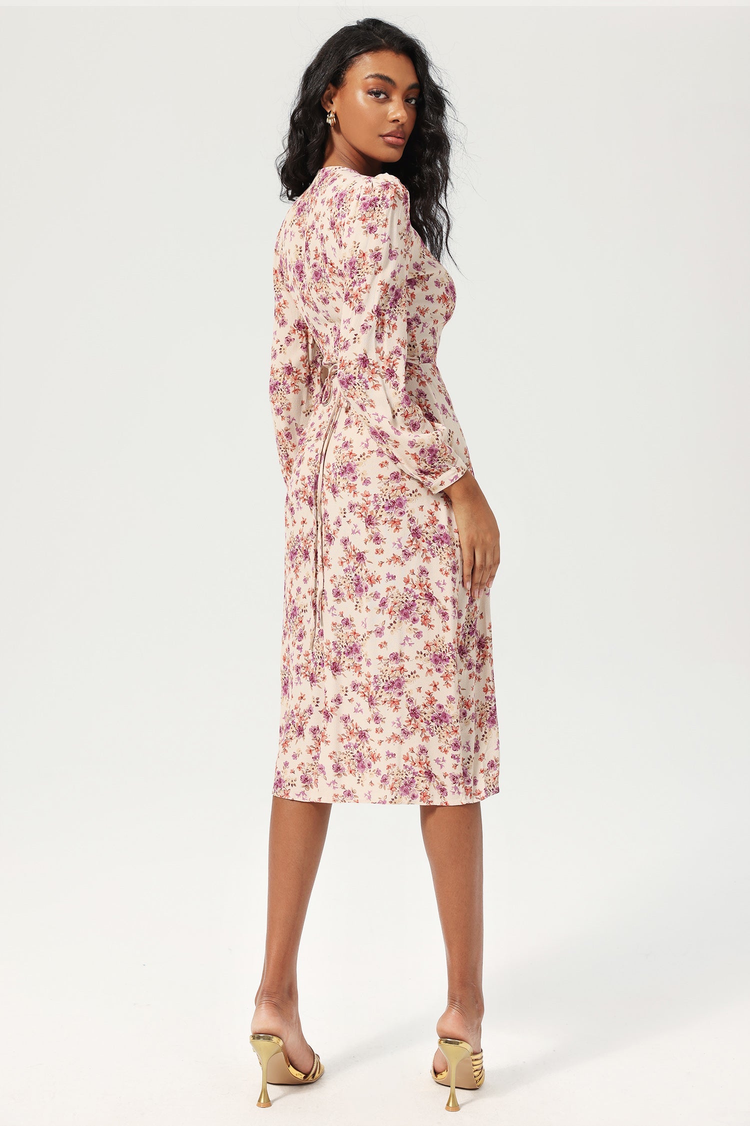 Floral Long Sleeve V-Neck Lace Up Split Midi Dress Purple
