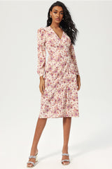 Floral Long Sleeve V-Neck Lace Up Split Midi Dress Purple