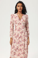 Floral Long Sleeve V-Neck Lace Up Split Midi Dress Purple