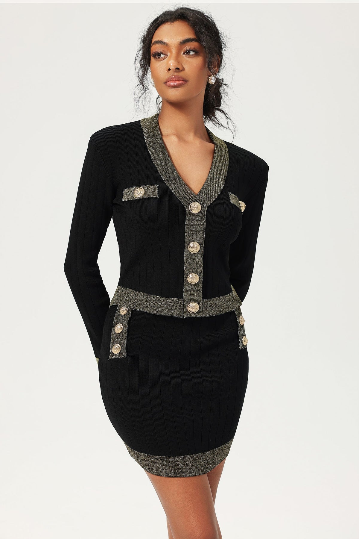 Long Sleeve Buckle Top & Knit Mini Skirt Black