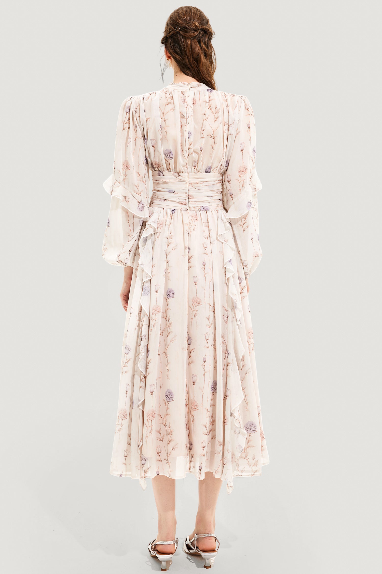Floral Round Neck Puff Sleeve Midi Dress
