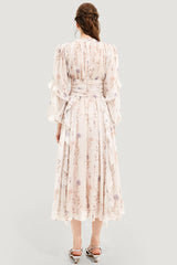 Floral Round Neck Puff Sleeve Midi Dress