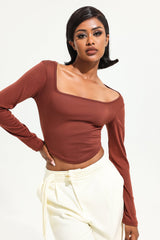 Square Collar Solid Long Sleeve Knit Top