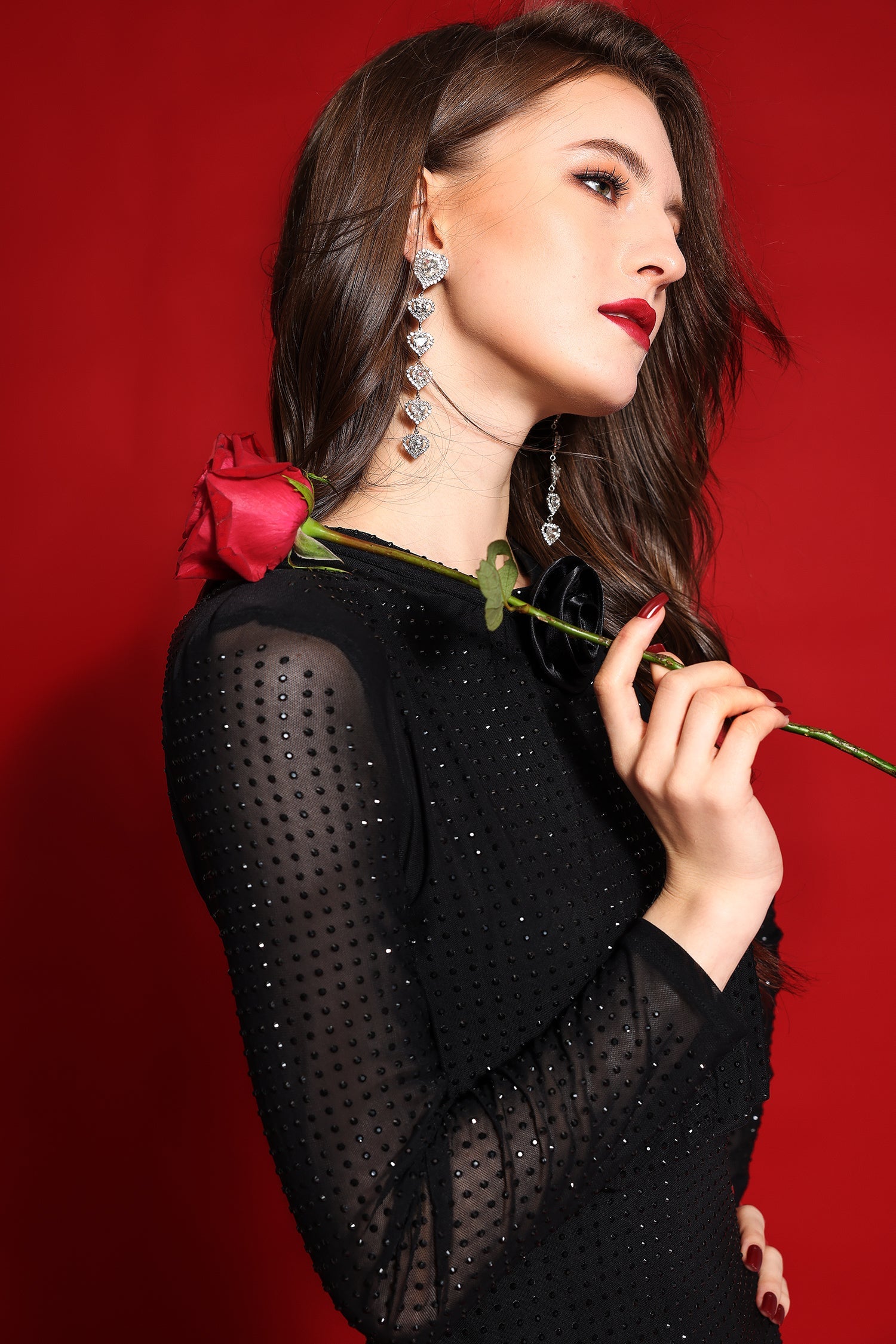 Rhinestone Stand Collar Solid Mermaid Maxi Dress