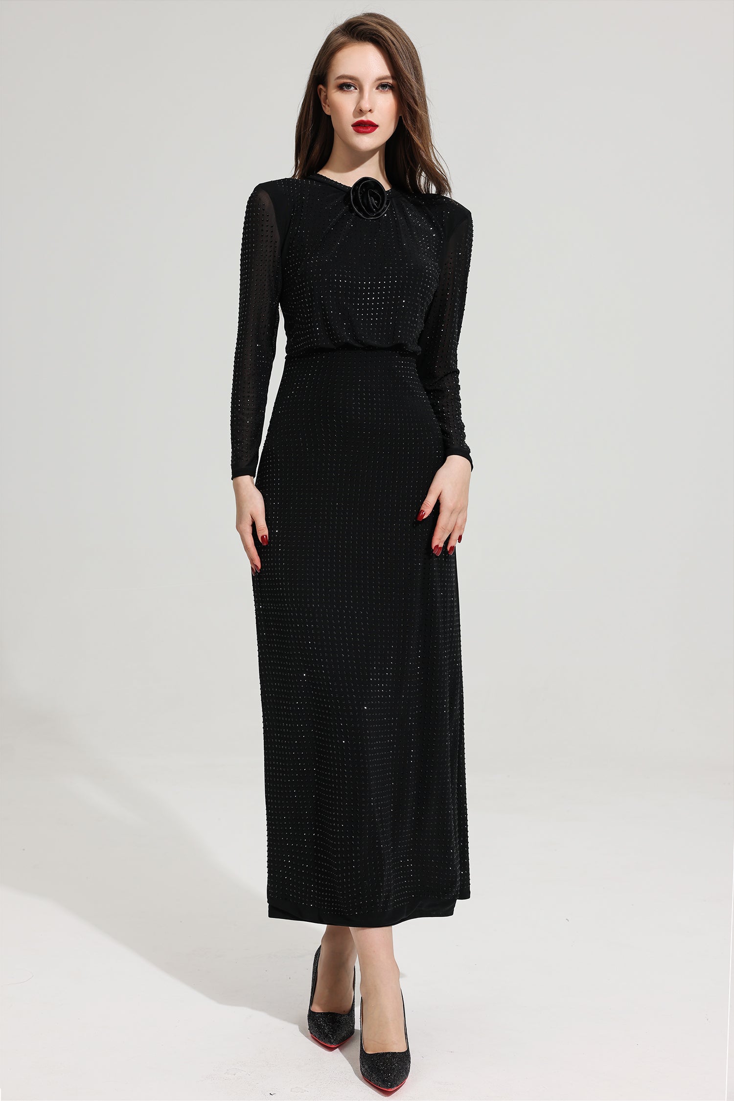 Rhinestone Stand Collar Solid Mermaid Maxi Dress