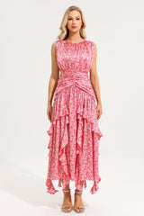 Round Neck Floral Frill Maxi Dress