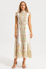 Floral Stand Collar Sleeveless Button Midi Dress With Belt