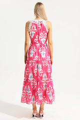 Lace Abstract Print Sleeveless Round Neck Midi Dress