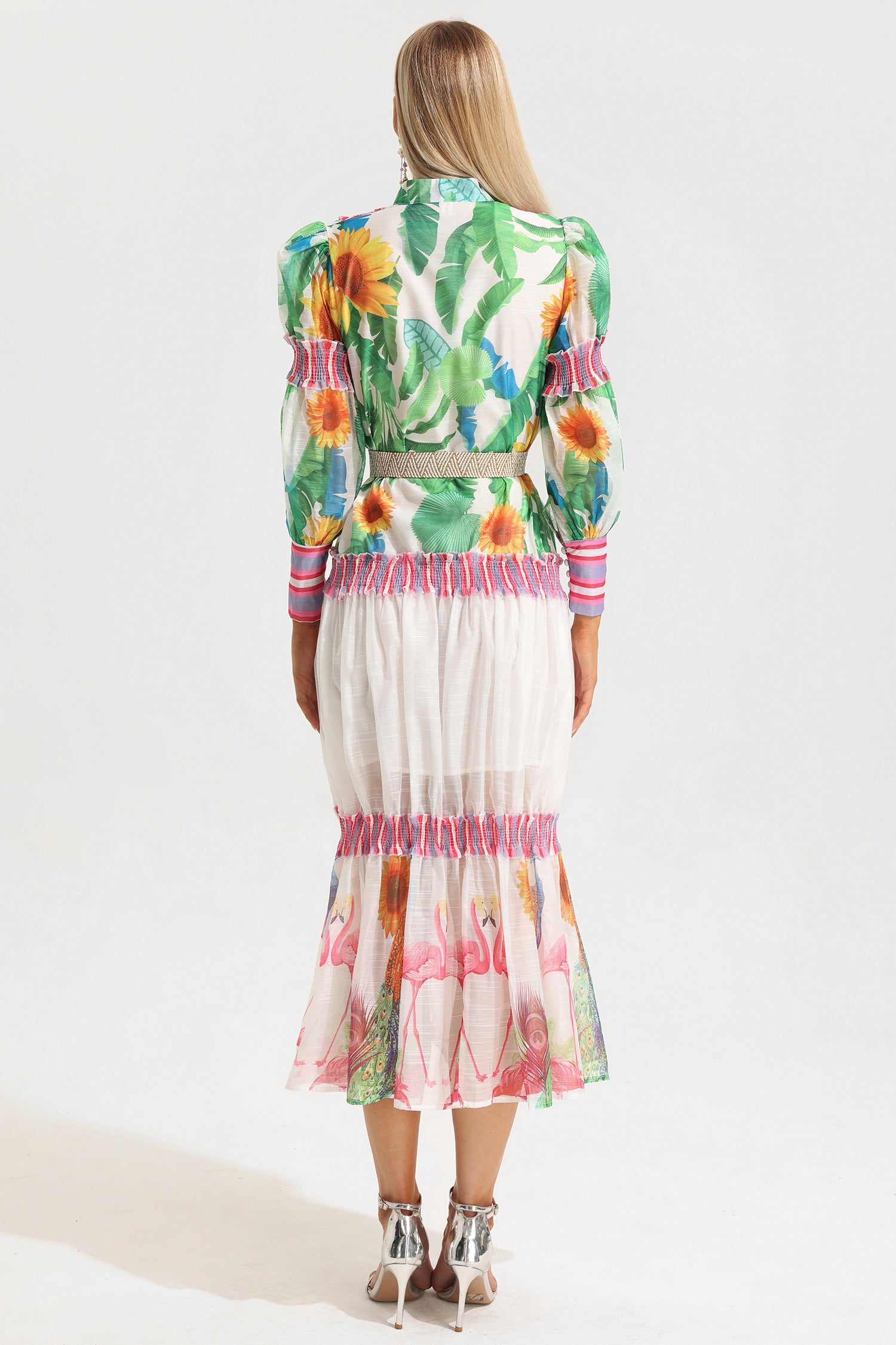 Floral Lantern Sleeve Stand Collar Ruffle Maxi Dress