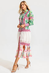Floral Lantern Sleeve Stand Collar Ruffle Maxi Dress