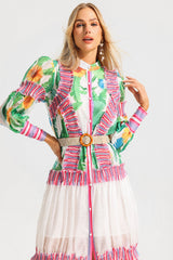 Floral Lantern Sleeve Stand Collar Ruffle Maxi Dress