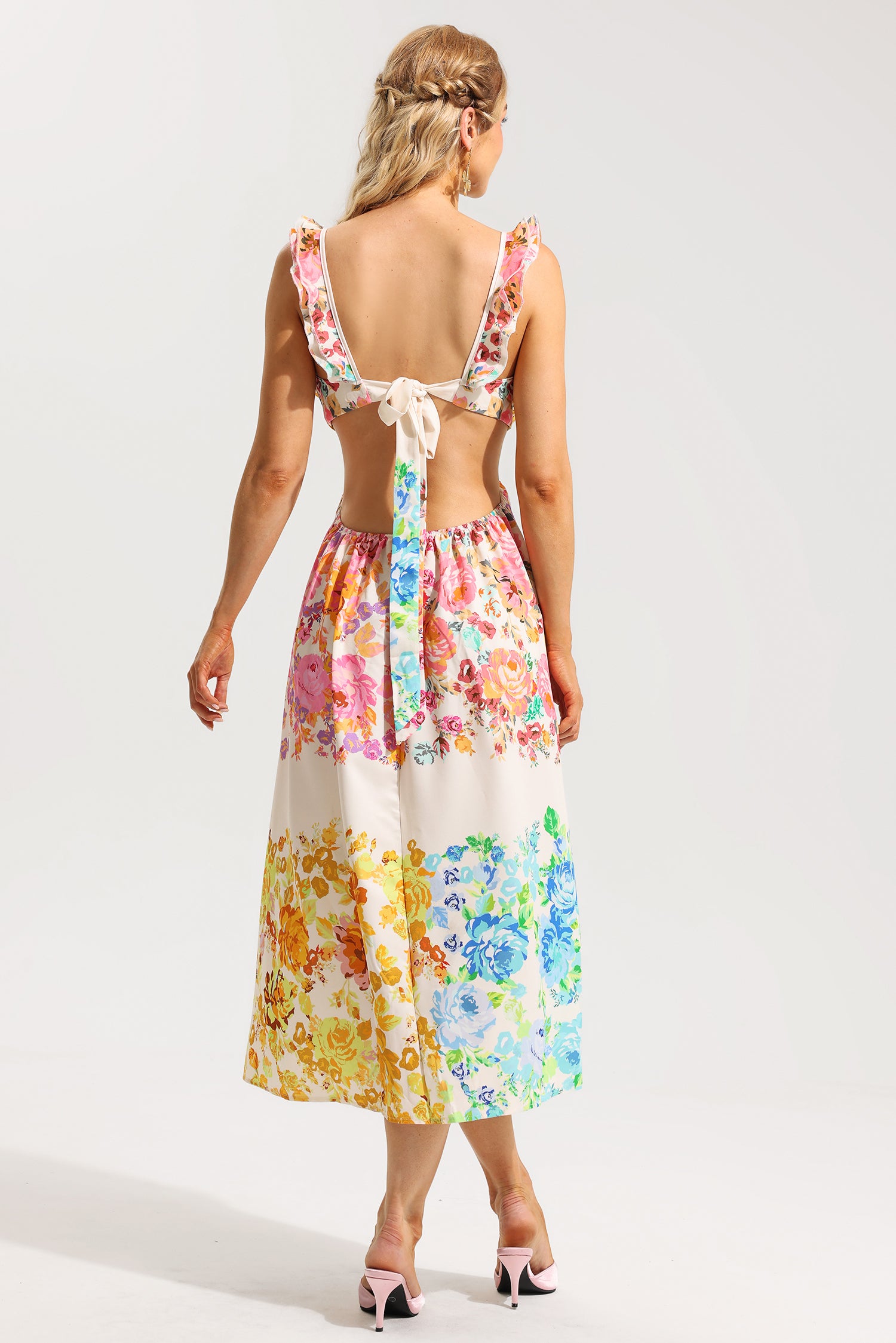 Floral Cut-Out Frill Midi Dress