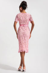 Lace Metal Button Round Neck Midi Dress