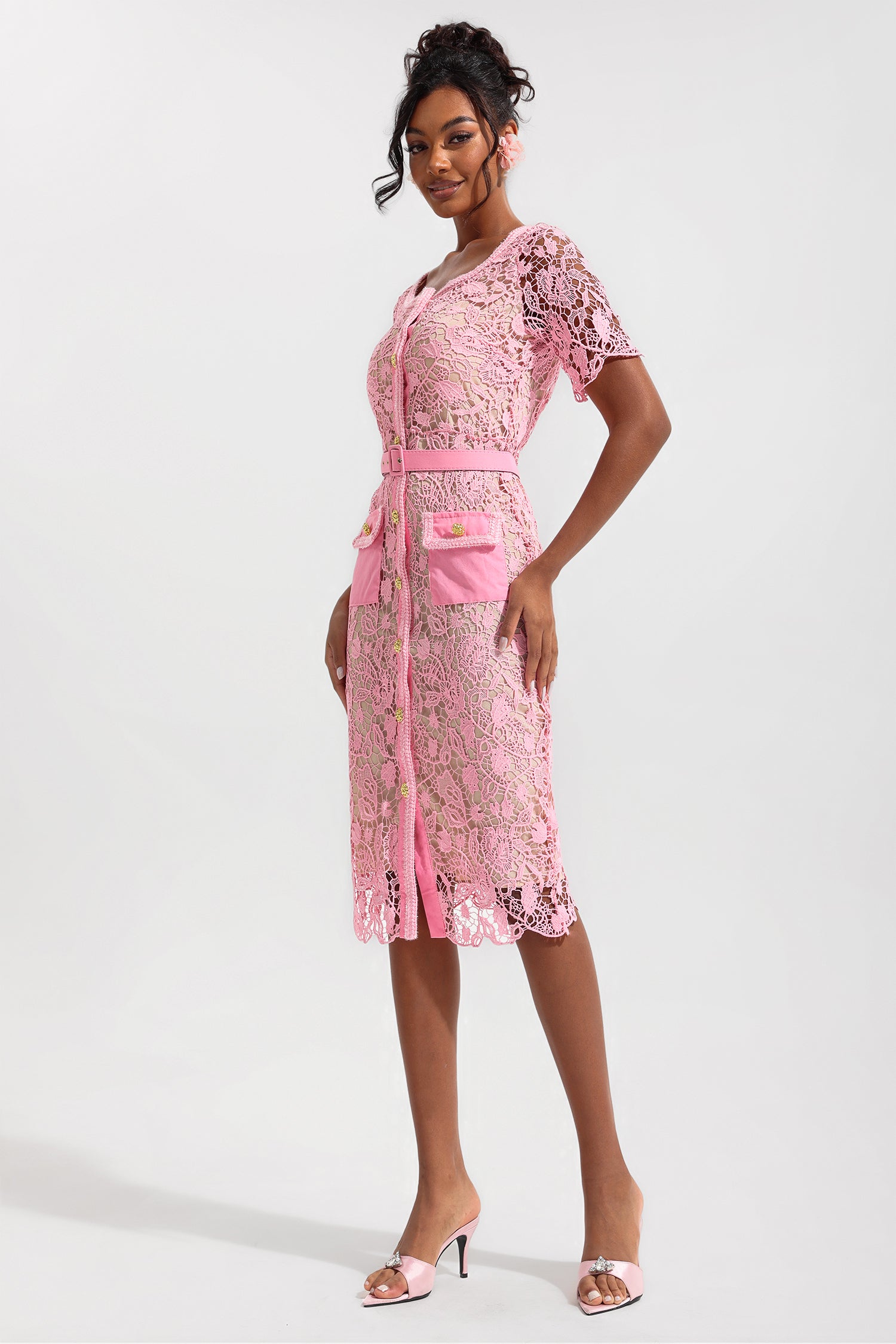 Lace Metal Button Round Neck Midi Dress