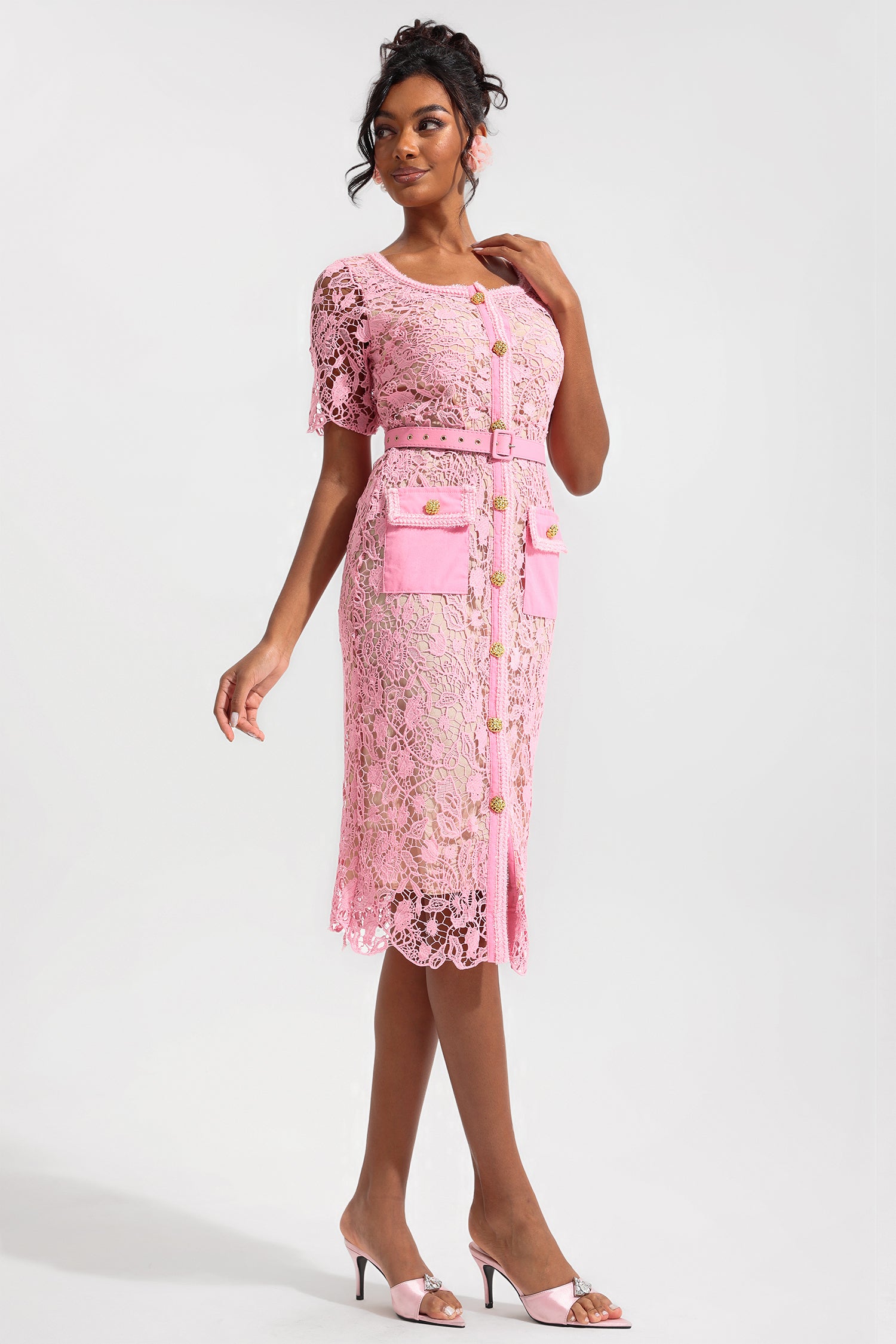 Lace Metal Button Round Neck Midi Dress