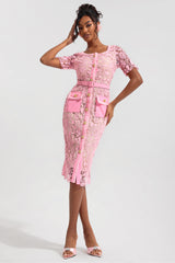 Lace Metal Button Round Neck Midi Dress