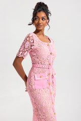 Lace Metal Button Round Neck Midi Dress