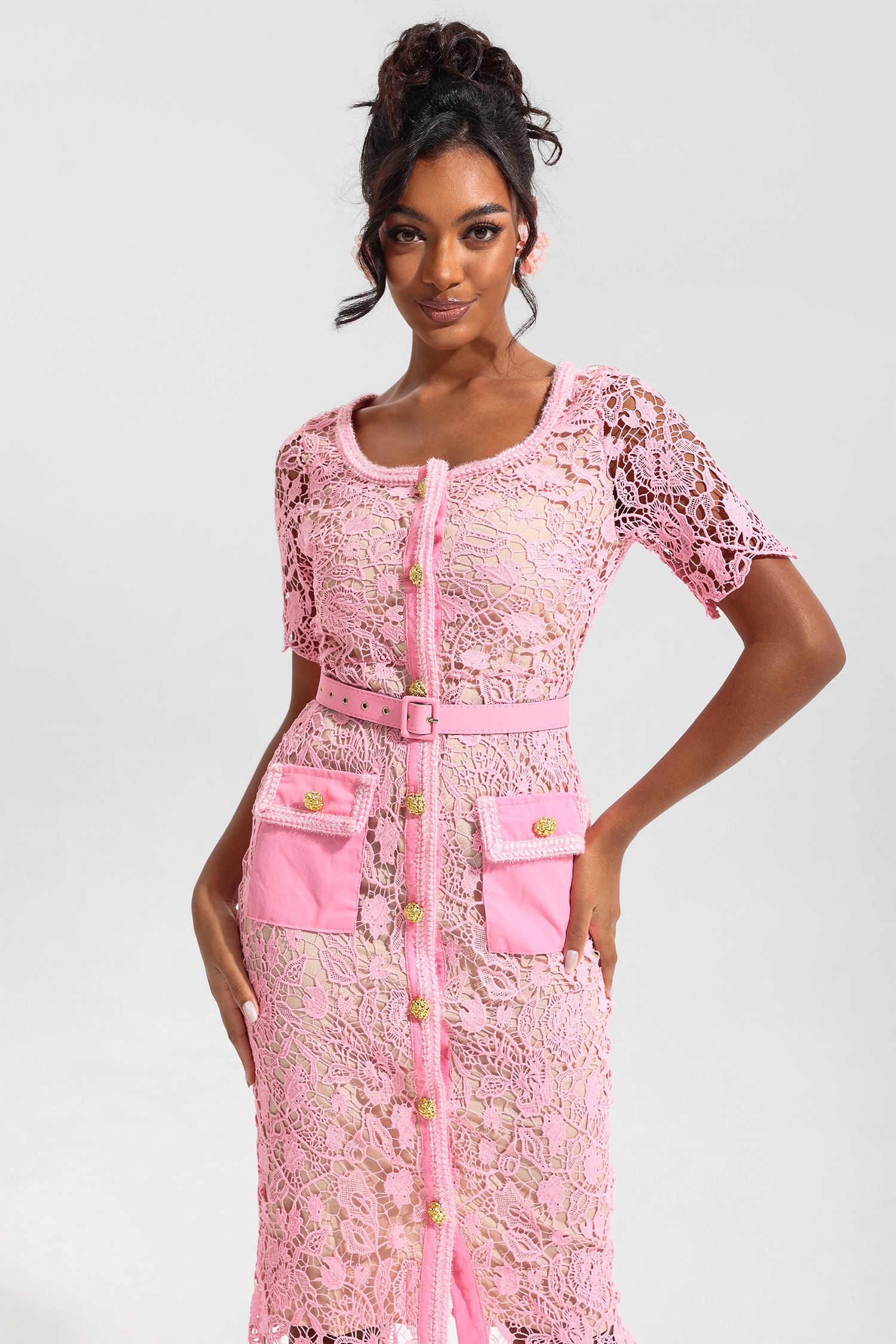 Lace Metal Button Round Neck Midi Dress
