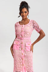 Lace Metal Button Round Neck Midi Dress