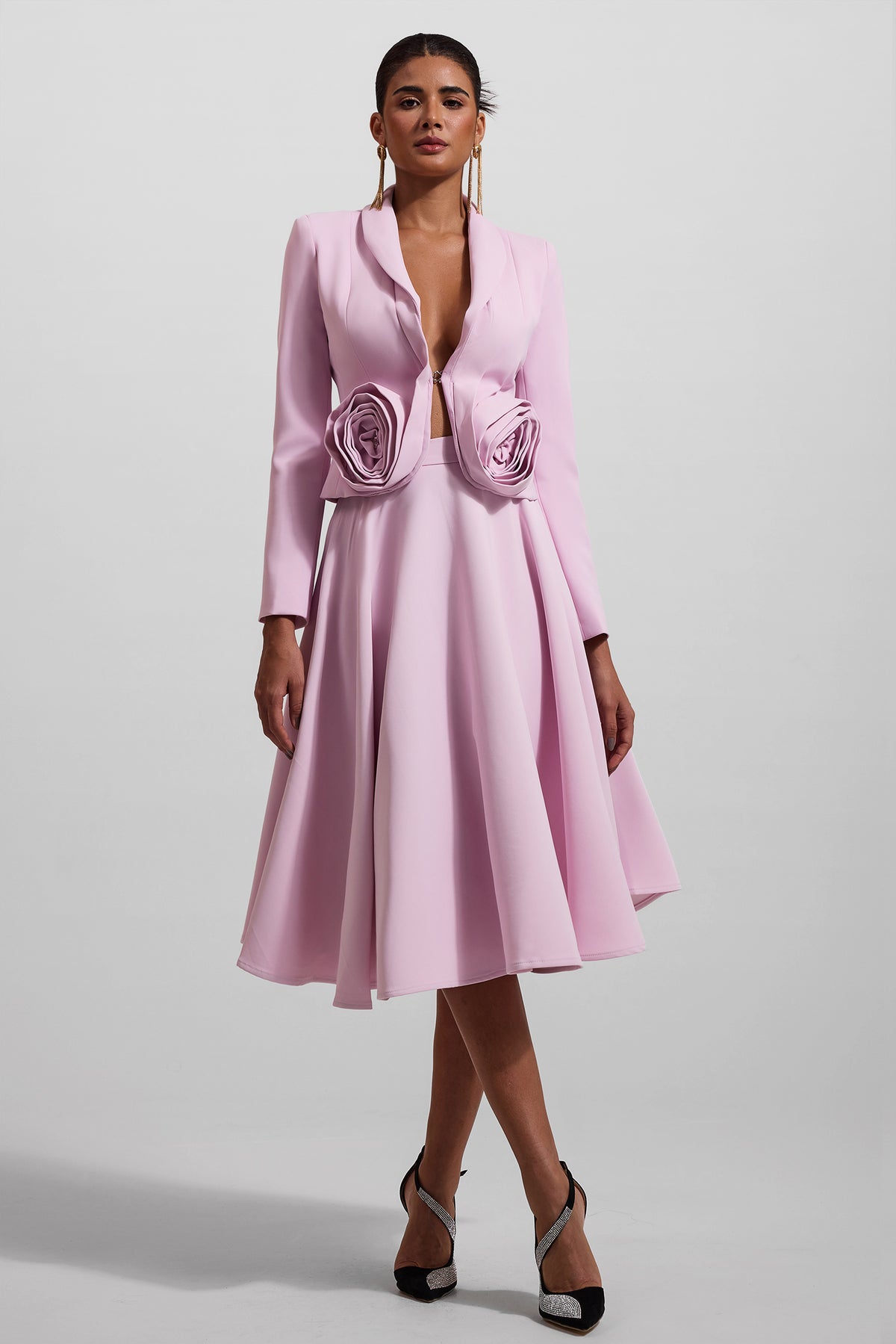 3D Floral Solid Blazer ＆Solid Midi Skirt Set