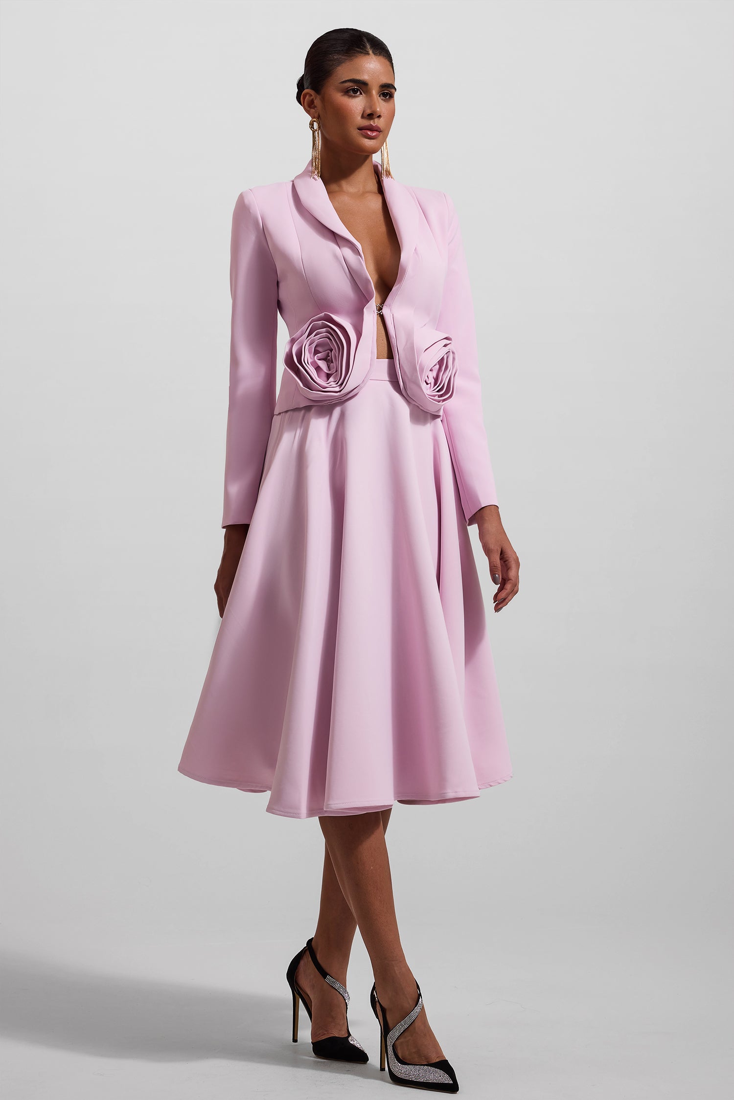 3D Floral Solid Blazer ＆Solid Midi Skirt Set
