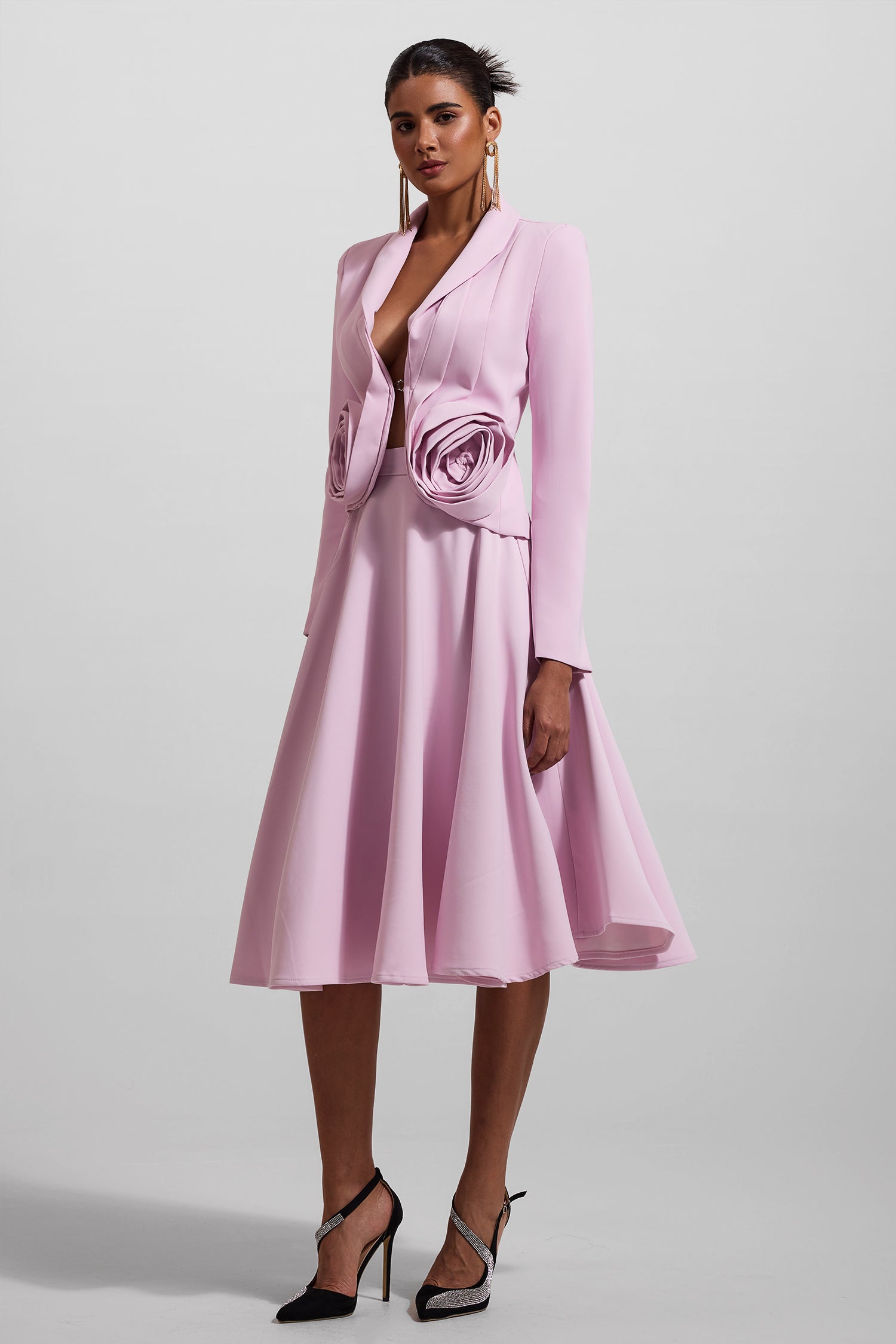 3D Floral Solid Blazer ＆Solid Midi Skirt Set