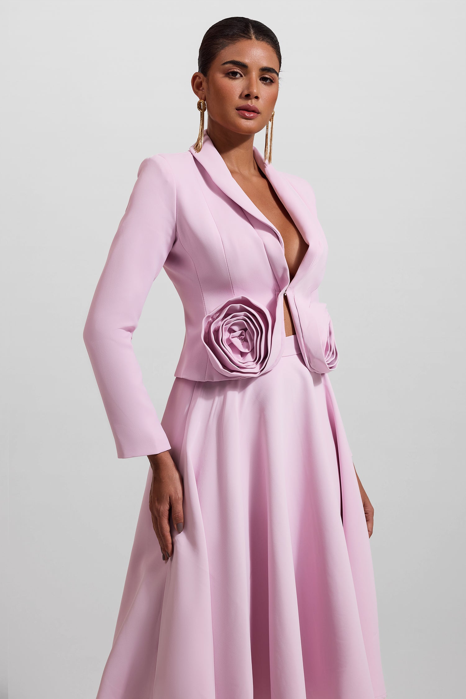 3D Floral Solid Blazer ＆Solid Midi Skirt Set