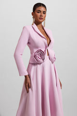 3D Floral Solid Blazer ＆Solid Midi Skirt Set
