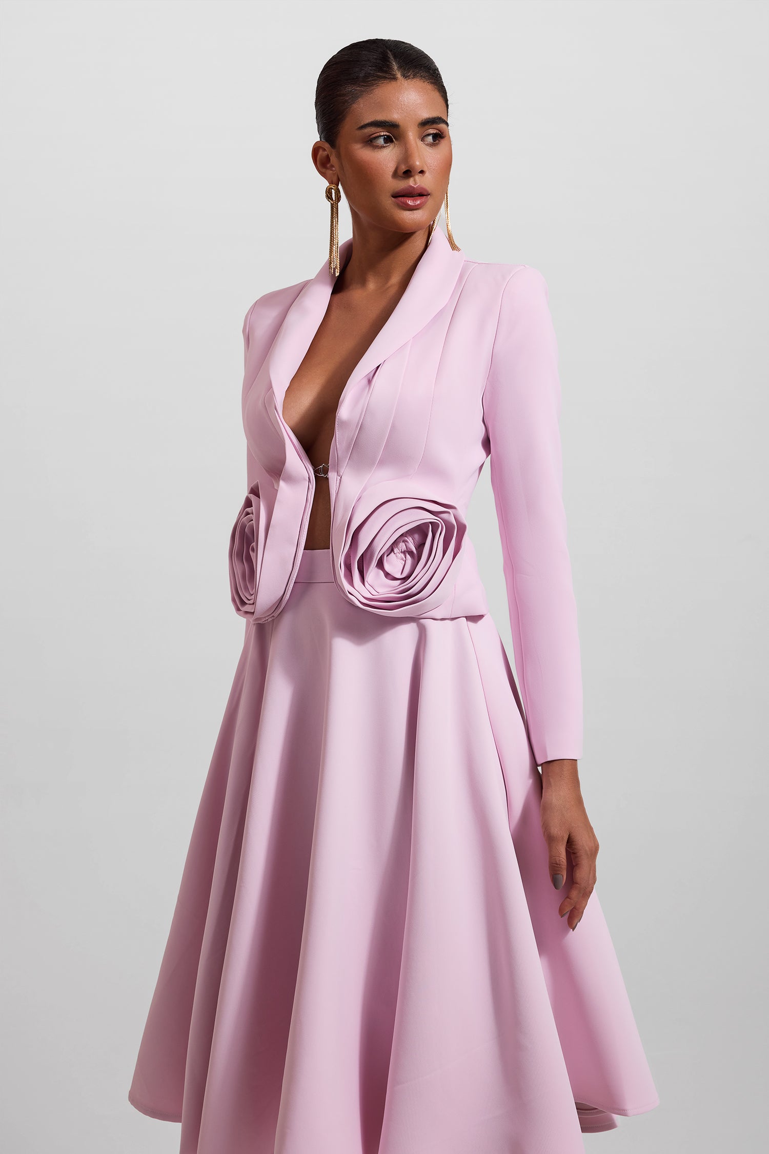 3D Floral Solid Blazer ＆Solid Midi Skirt Set