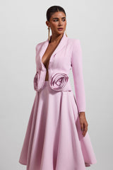 3D Floral Solid Blazer ＆Solid Midi Skirt Set
